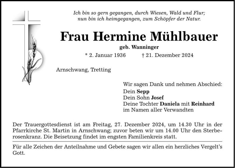Traueranzeige Hermine Mühlbauer