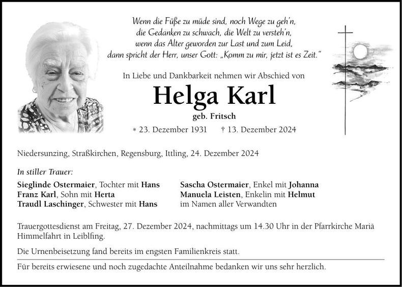 Traueranzeige Helga Karl
