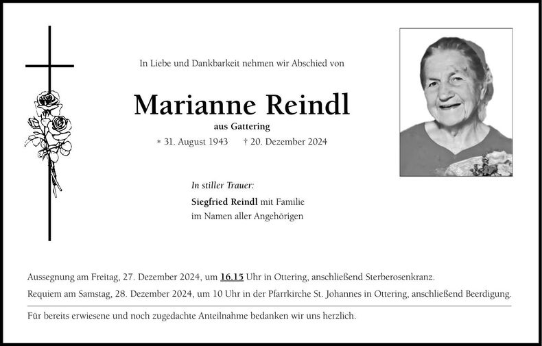Traueranzeige Marianne Reindl