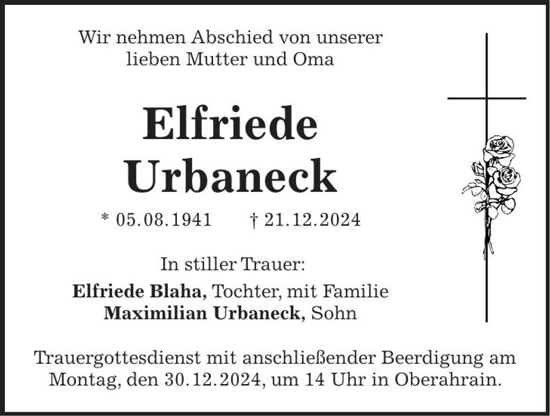 Traueranzeige Elfriede Urbaneck