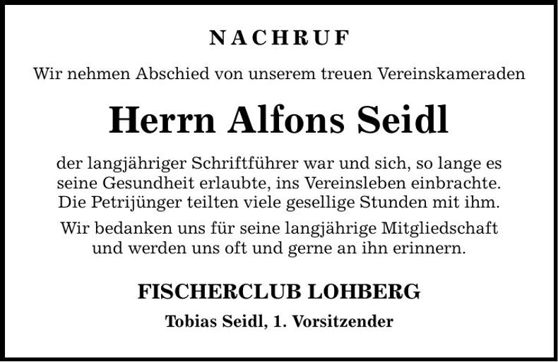 Traueranzeige Alfons Seidl