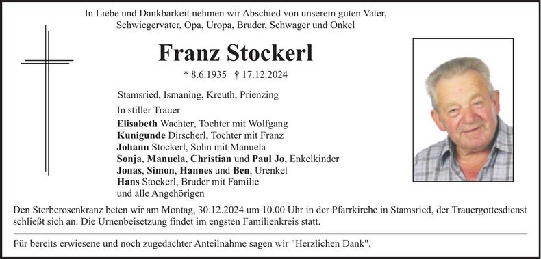 Traueranzeige Franz Stockerl