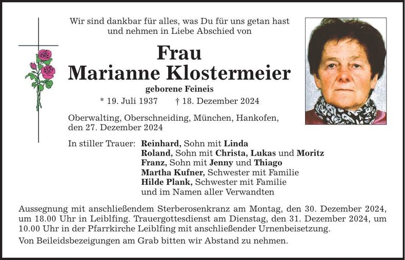 Traueranzeige Marianne Klostermeier