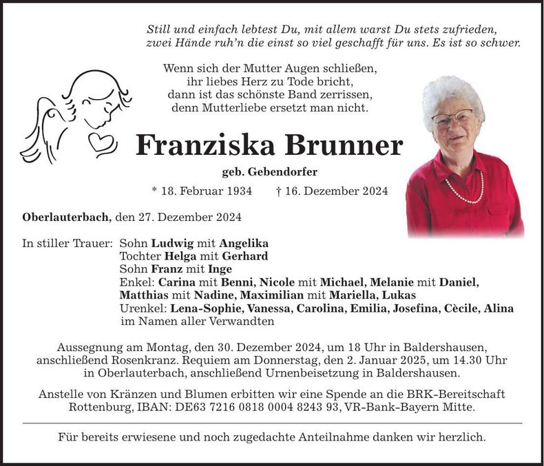 Traueranzeige Franzsika Brunner