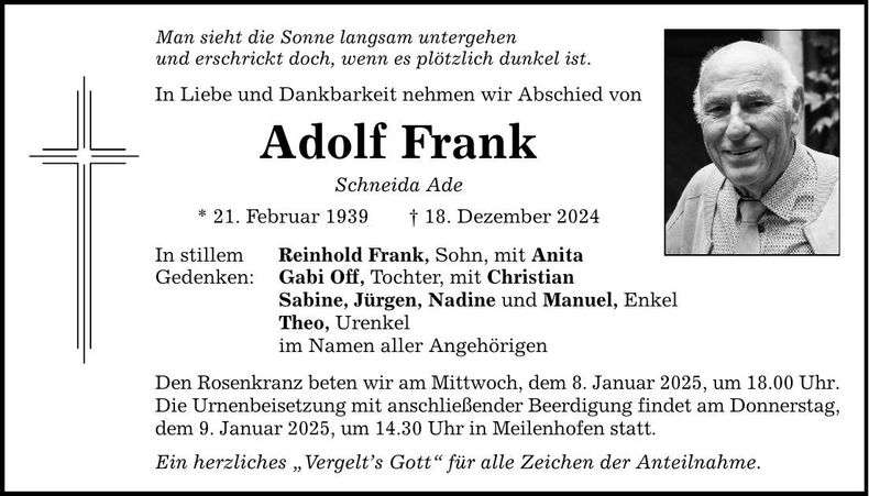 Traueranzeige Adolf Frank