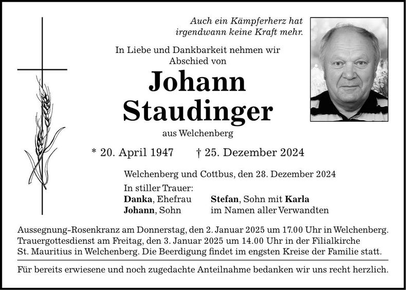 Traueranzeige Johann Staudinger