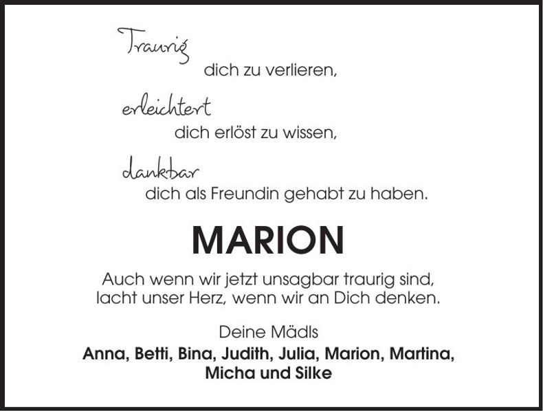 Traueranzeige Marion Glemnitz