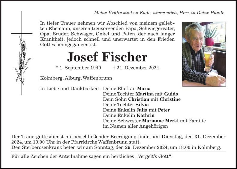 Traueranzeige Josef Fischer