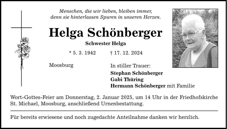 Traueranzeige Helga Schönberger