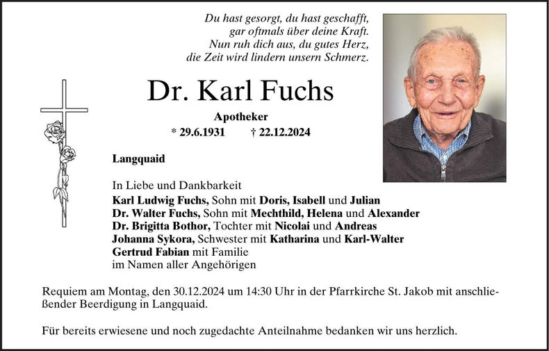 Traueranzeige Karl Dr. Fuchs