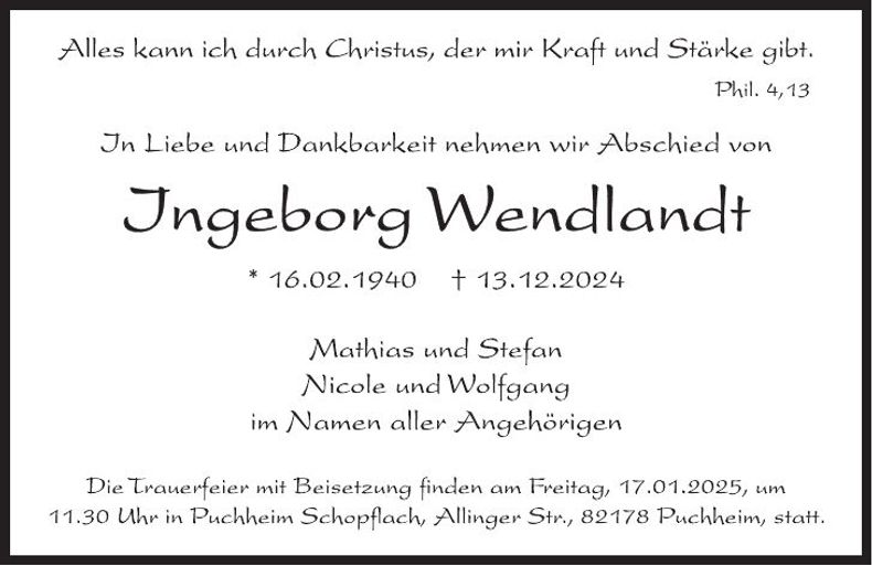 Traueranzeige Ingeborg Wendlandt