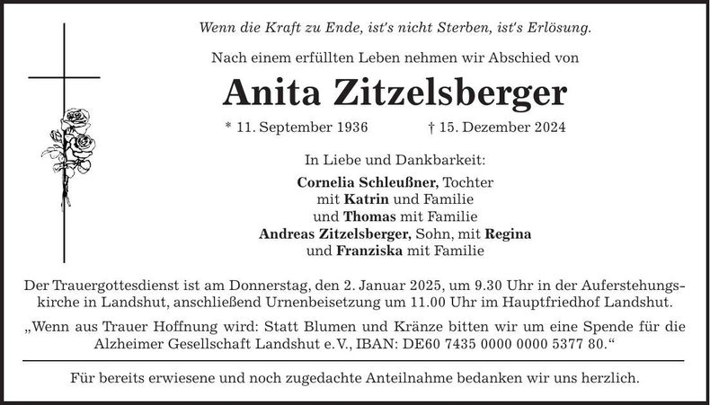 Traueranzeige Anita Zitzelsberger