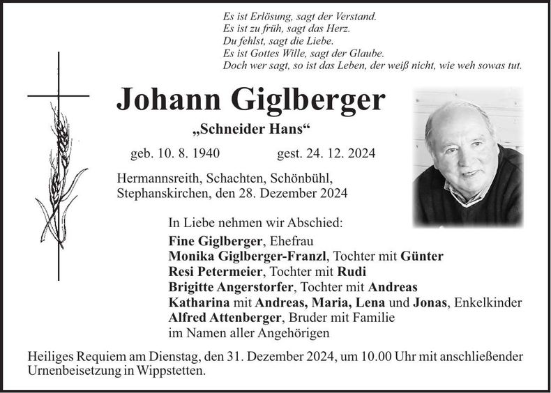Traueranzeige Johann Giglberger