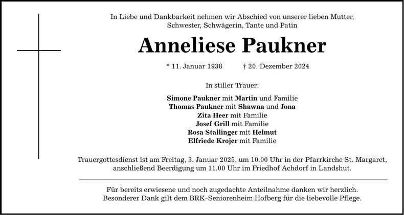 Traueranzeige Anneliese Paukner