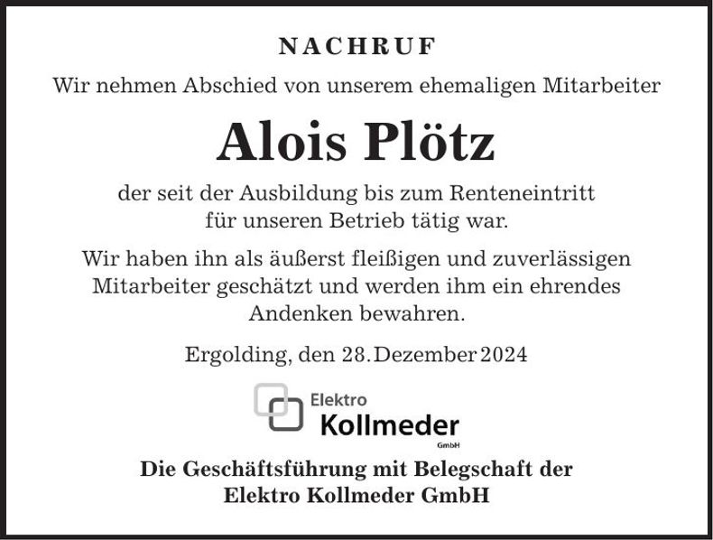 Traueranzeige Alois Plötz