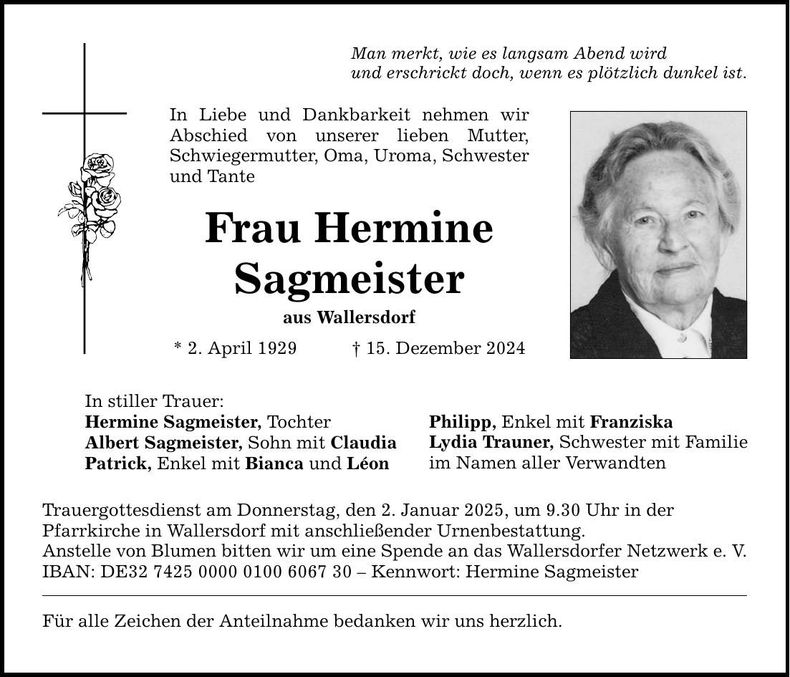 Traueranzeige Hermine Sagmeister