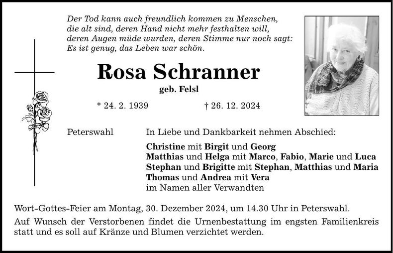 Traueranzeige Rosa Schranner