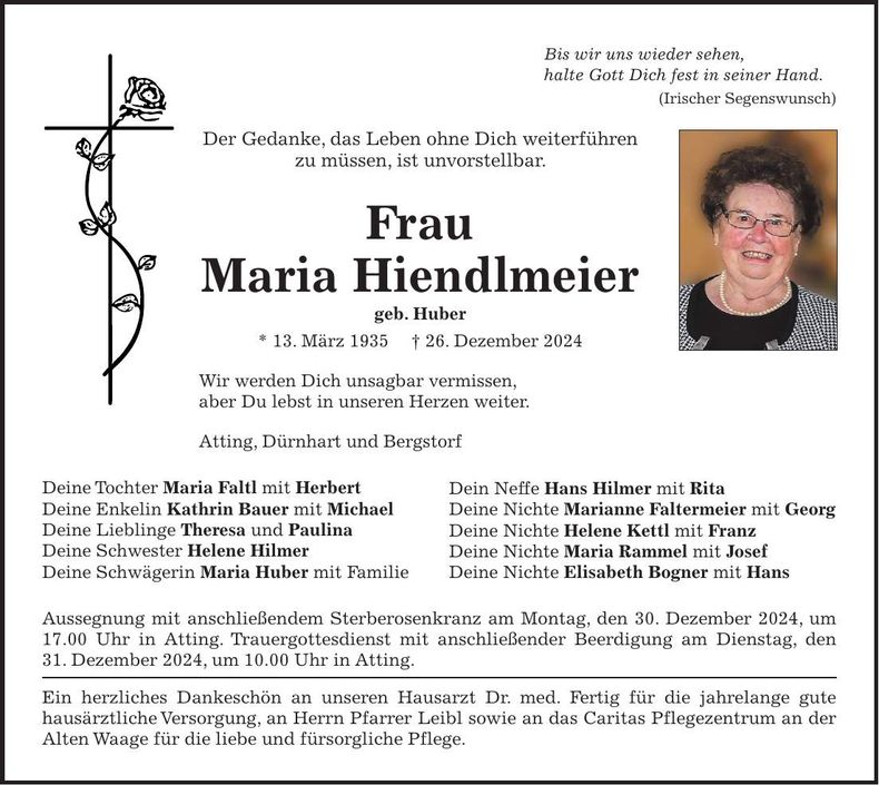Traueranzeige Maria Hiendlmeier