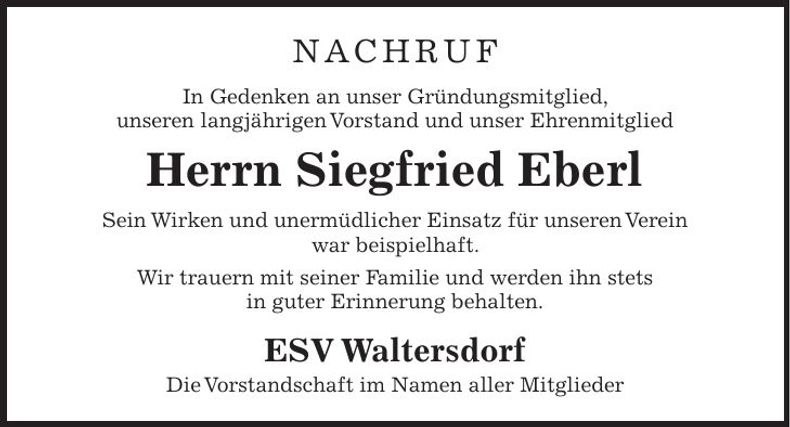Traueranzeige Siegfried Eberl