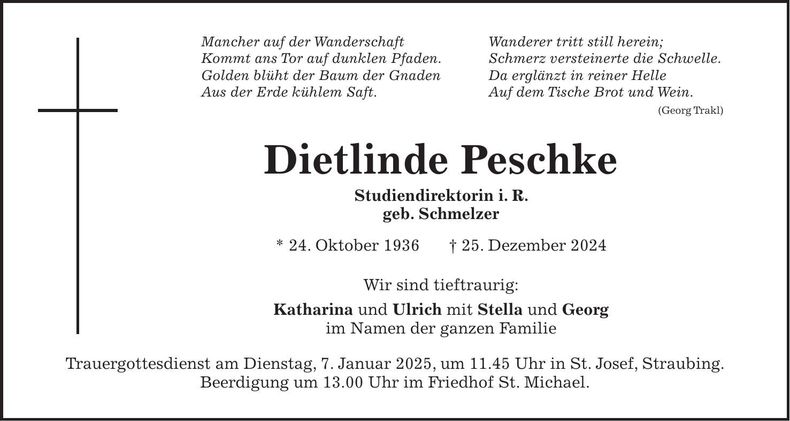 Traueranzeige Dietlinde Peschke