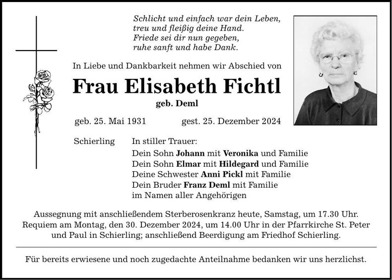 Traueranzeige Elisabeth Fichtl