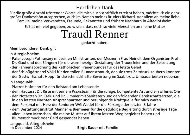 Traueranzeige Traudl Renner