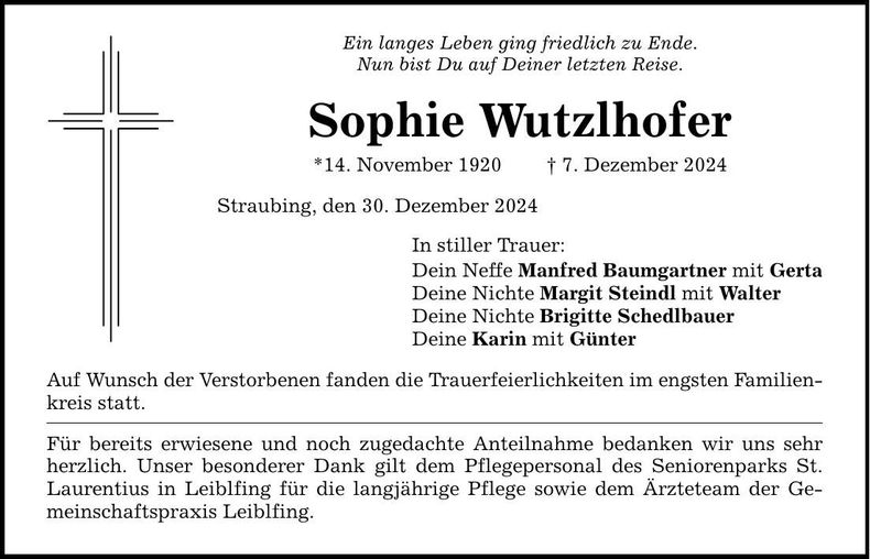 Traueranzeige Sophie Wutzlhofer