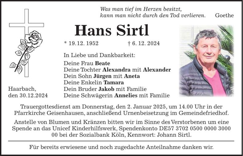 Traueranzeige Johann Sirtl