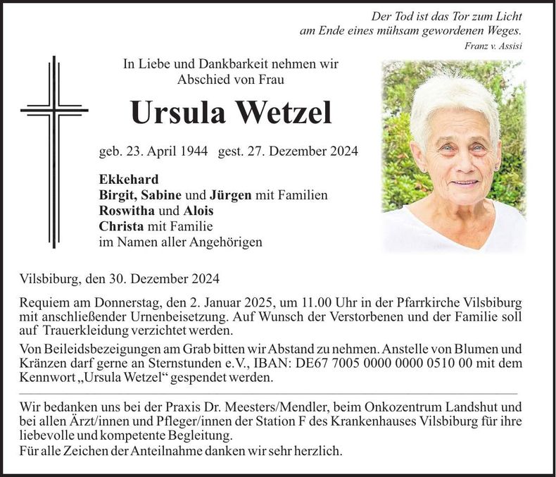 Traueranzeige Ursula Wetzel