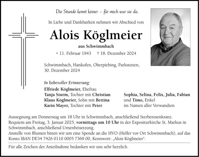 Traueranzeige Alois Köglmeier