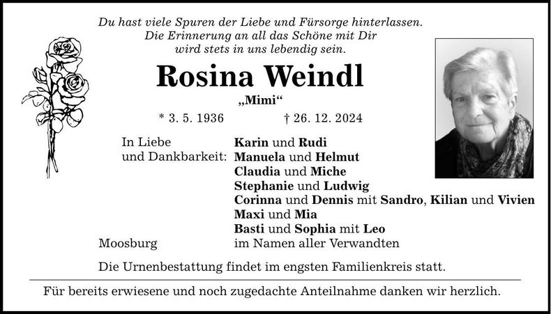 Traueranzeige Rosina Weindl