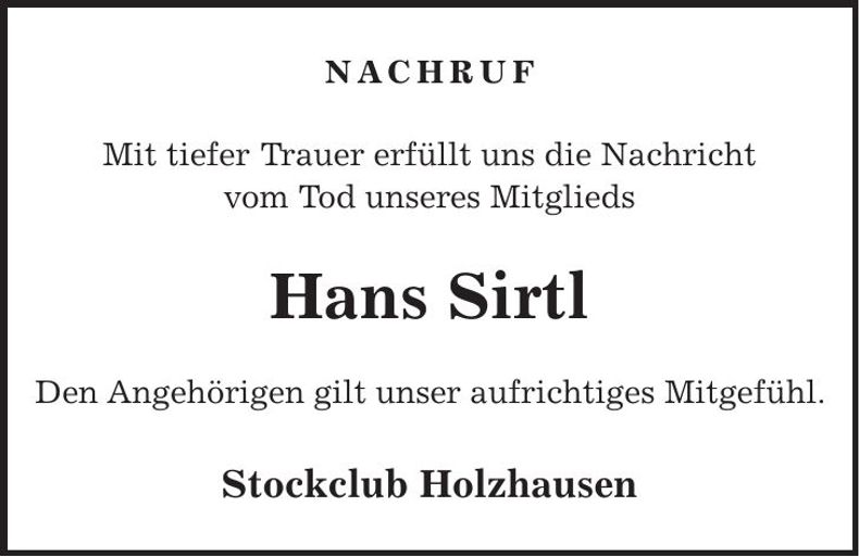 Traueranzeige Hans Sirtl