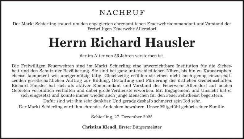 Traueranzeige richard Hausler