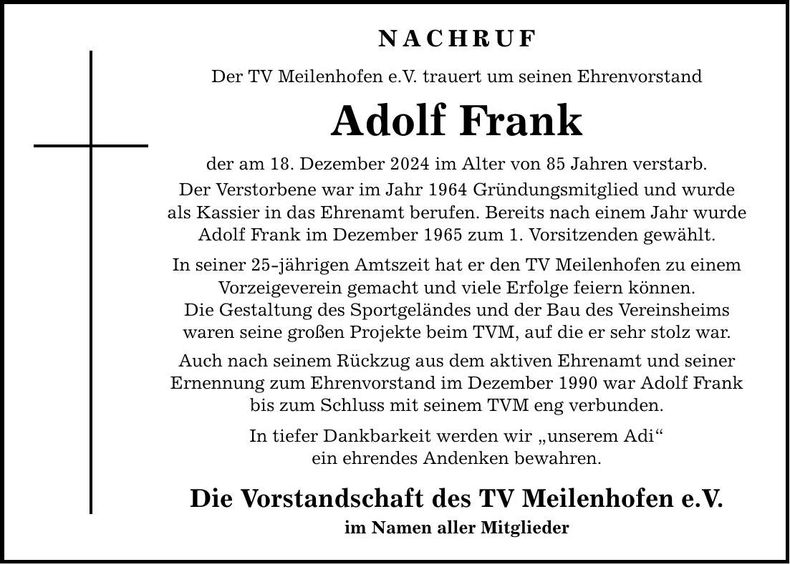 Traueranzeige Adolf Frank