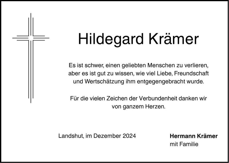 Traueranzeige Hildegard Krämer