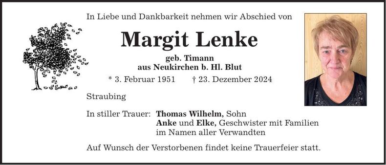 Traueranzeige Margit Lenke