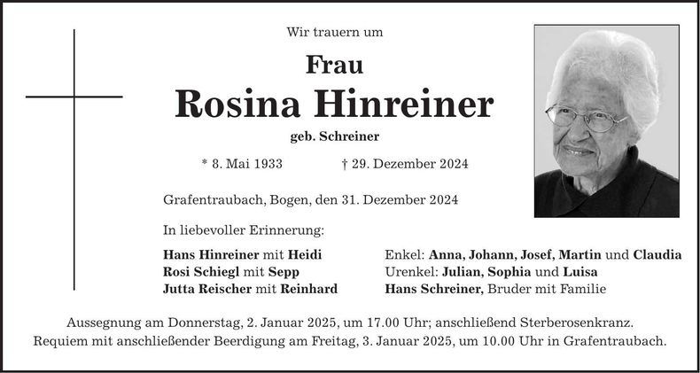 Traueranzeige Rosina Hinreiner