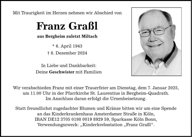 Traueranzeige Franz Graßl