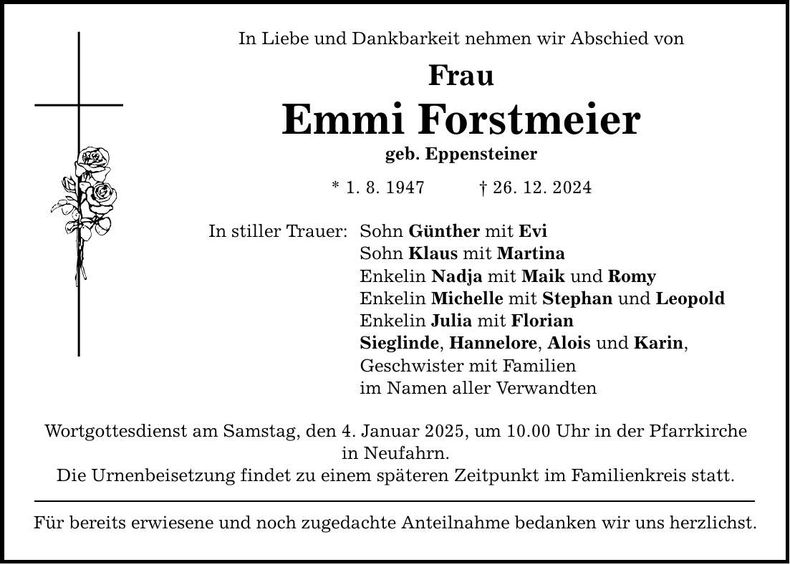 Traueranzeige Emmi Forstmeier
