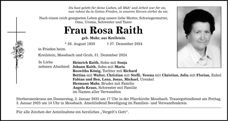 Traueranzeige Rosa Raith