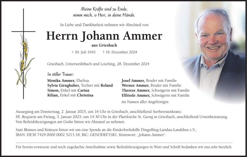 Traueranzeige Johann Ammer
