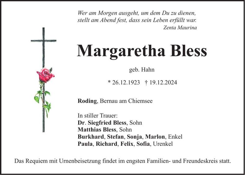 Traueranzeige Margaretha Bless