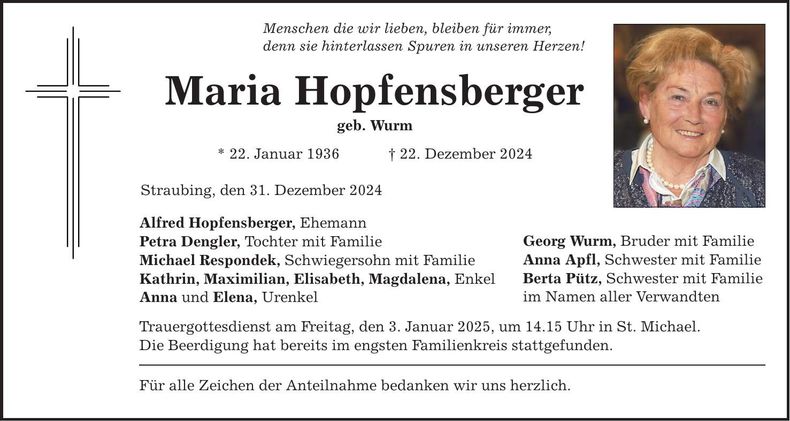 Traueranzeige Maria Hopfensberger