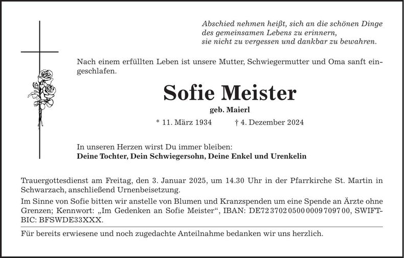 Traueranzeige Sofie Meister