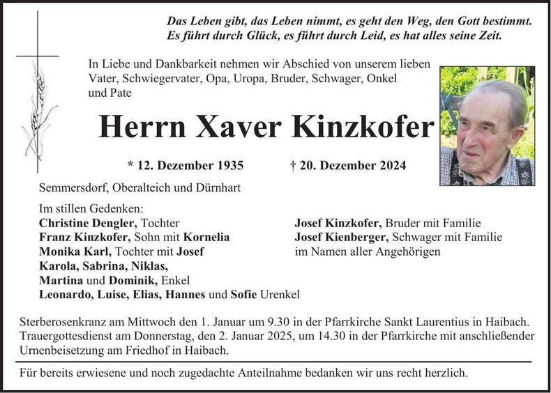 Traueranzeige Xaver Kinzkofer