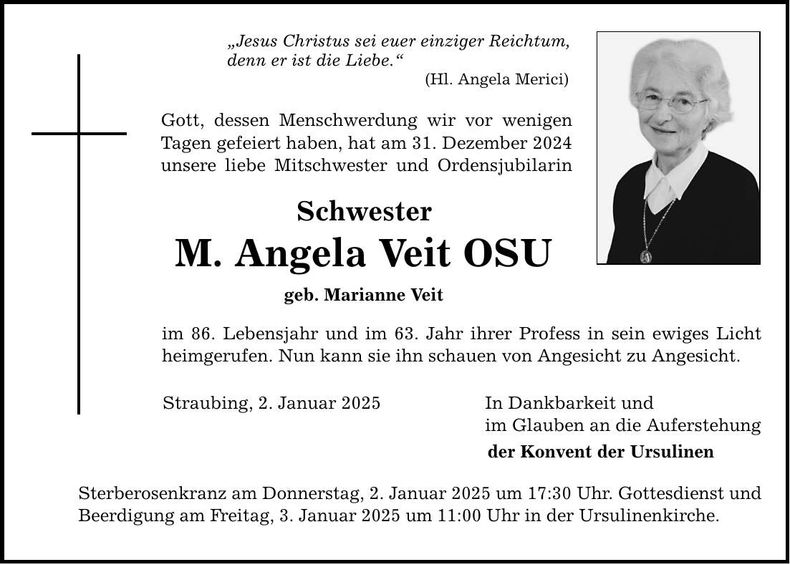 Traueranzeige Sr. M. Angela Veit
