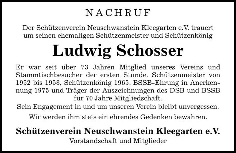 Traueranzeige Ludwig Schosser