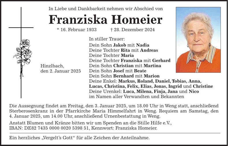 Traueranzeige Franziska Homeier