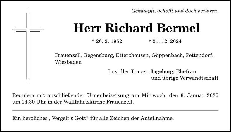 Traueranzeige Richard Bermel