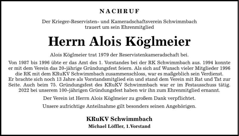 Traueranzeige Alois Köglmeier